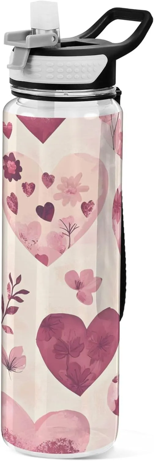Kigai Transparent Sports Water Bottle 32oz, Red Hearts Flowers Leakproof Wide Mouth Water Bottle with Straw, BPA Free Water Jug with Detachable Strap & Handle for Fitness Gym Outdoor