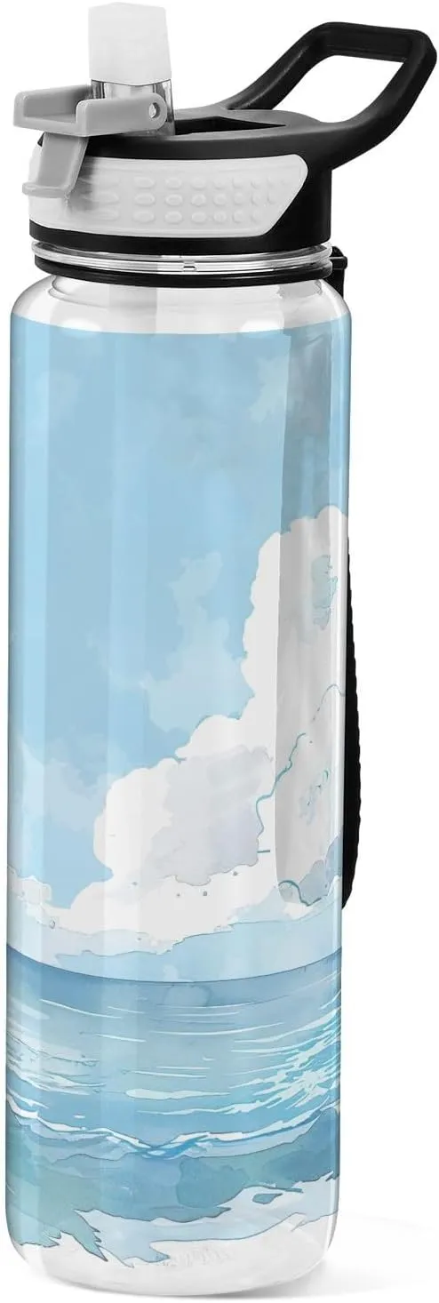 Kigai Transparent Sports Water Bottle 32oz, Sky and Sea Leakproof Wide Mouth Water Bottle with Straw, BPA Free Water Jug with Detachable Strap & Handle for Fitness Gym Outdoor