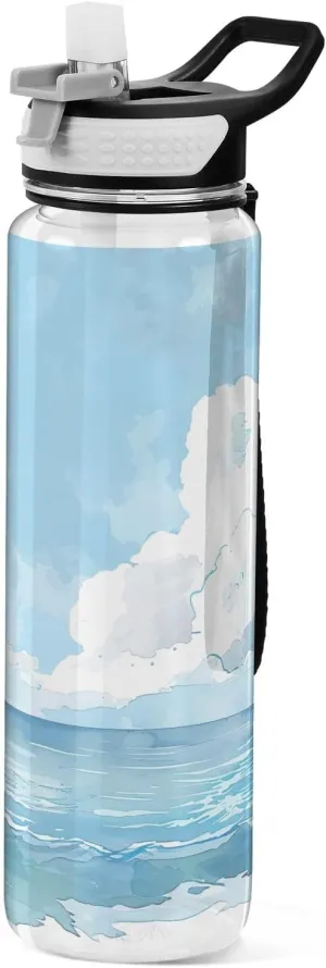 Kigai Transparent Sports Water Bottle 32oz, Sky and Sea Leakproof Wide Mouth Water Bottle with Straw, BPA Free Water Jug with Detachable Strap & Handle for Fitness Gym Outdoor