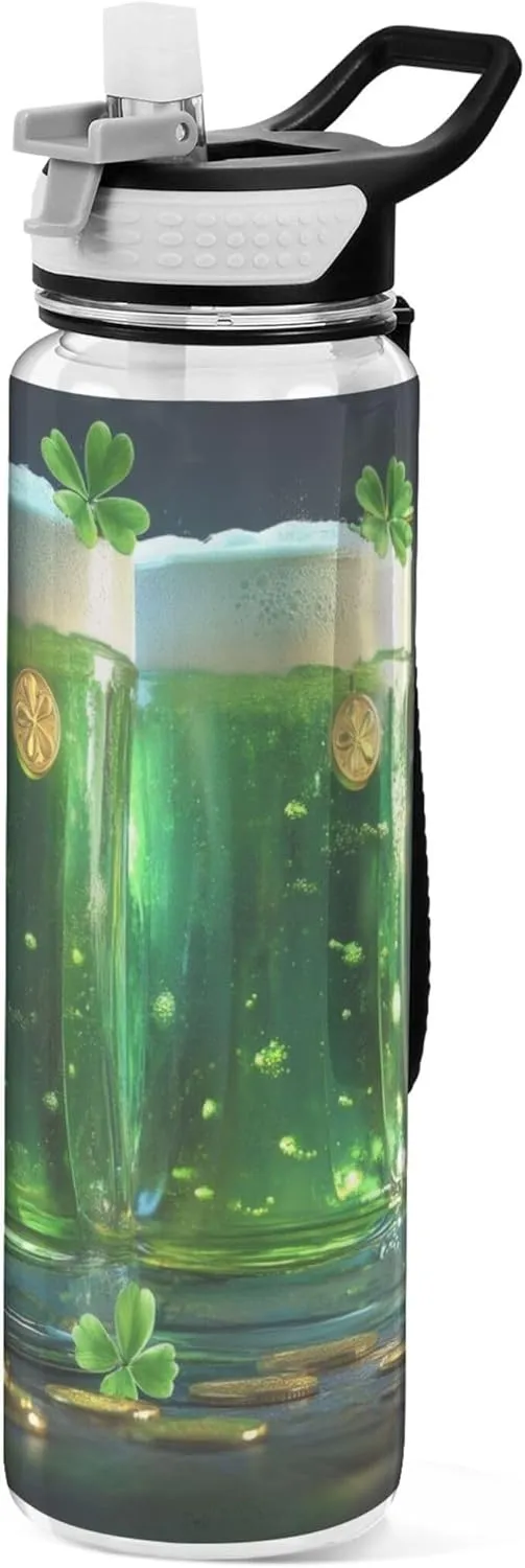 Kigai Transparent Sports Water Bottle 32oz, St. Patrick Beer Leakproof Wide Mouth Water Bottle with Straw, BPA Free Water Jug with Detachable Strap & Handle for Fitness Gym Outdoor