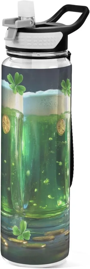 Kigai Transparent Sports Water Bottle 32oz, St. Patrick Beer Leakproof Wide Mouth Water Bottle with Straw, BPA Free Water Jug with Detachable Strap & Handle for Fitness Gym Outdoor