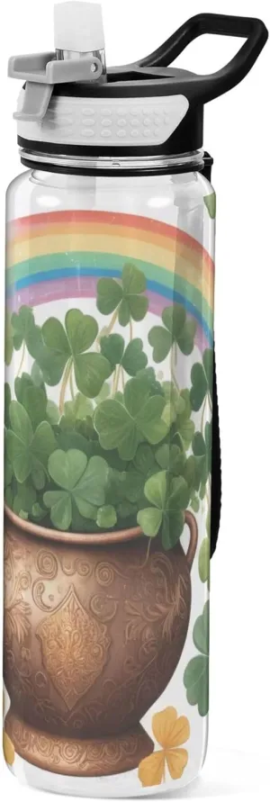 Kigai Transparent Sports Water Bottle 32oz, St. Patrick Clover Leakproof Wide Mouth Water Bottle with Straw, BPA Free Water Jug with Detachable Strap & Handle for Fitness Gym Outdoor