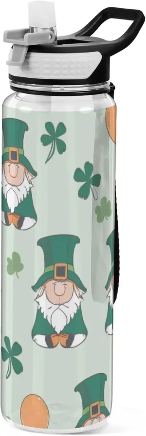 Kigai Transparent Sports Water Bottle 32oz, St. Patrick Gnome Leakproof Wide Mouth Water Bottle with Straw, BPA Free Water Jug with Detachable Strap & Handle for Fitness Gym Outdoor