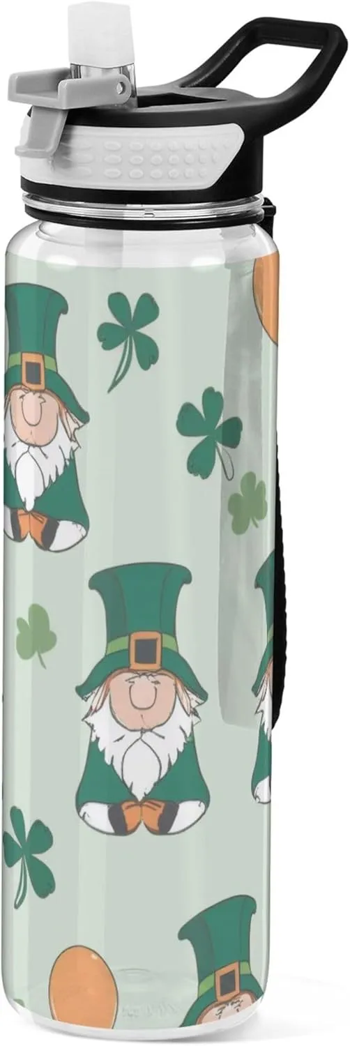 Kigai Transparent Sports Water Bottle 32oz, St. Patrick Gnome Leakproof Wide Mouth Water Bottle with Straw, BPA Free Water Jug with Detachable Strap & Handle for Fitness Gym Outdoor