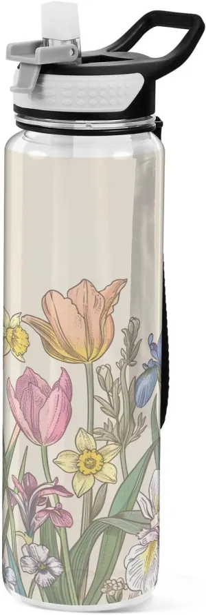 Kigai Transparent Sports Water Bottle 32oz, Tulips Daffodils Leakproof Wide Mouth Water Bottle with Straw, BPA Free Water Jug with Detachable Strap & Handle for Fitness Gym Outdoor