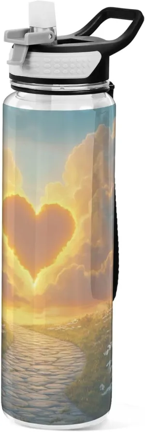 Kigai Transparent Sports Water Bottle 32oz, Valentine Heart Cloud Leakproof Wide Mouth Water Bottle with Straw, BPA Free Water Jug with Detachable Strap & Handle for Fitness Gym Outdoor