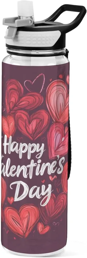 Kigai Transparent Sports Water Bottle 32oz, Valentine Heart Leakproof Wide Mouth Water Bottle with Straw, BPA Free Water Jug with Detachable Strap & Handle for Fitness Gym Outdoor