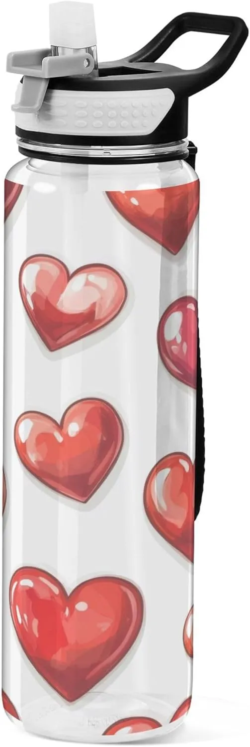 Kigai Transparent Sports Water Bottle 32oz, Valentine Hearts Leakproof Wide Mouth Water Bottle with Straw, BPA Free Water Jug with Detachable Strap & Handle for Fitness Gym Outdoor