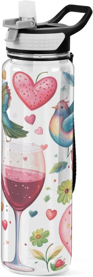 Kigai Transparent Sports Water Bottle 32oz, Valentine Pattern Leakproof Wide Mouth Water Bottle with Straw, BPA Free Water Jug with Detachable Strap & Handle for Fitness Gym Outdoor