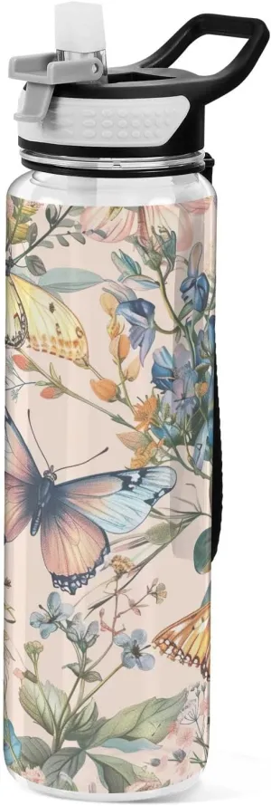 Kigai Transparent Sports Water Bottle 32oz, Vintage Watercolor Floral Leakproof Wide Mouth Water Bottle with Straw, BPA Free Water Jug with Detachable Strap & Handle for Fitness Gym Outdoor