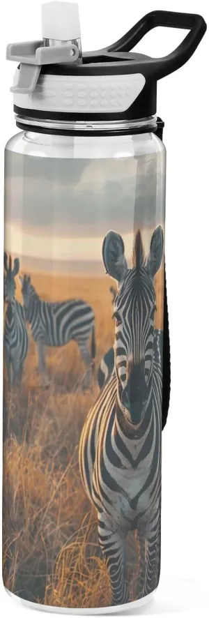 Kigai Transparent Sports Water Bottle 32oz, Zebras Leakproof Wide Mouth Water Bottle with Straw, BPA Free Water Jug with Detachable Strap & Handle for Fitness Gym Outdoor
