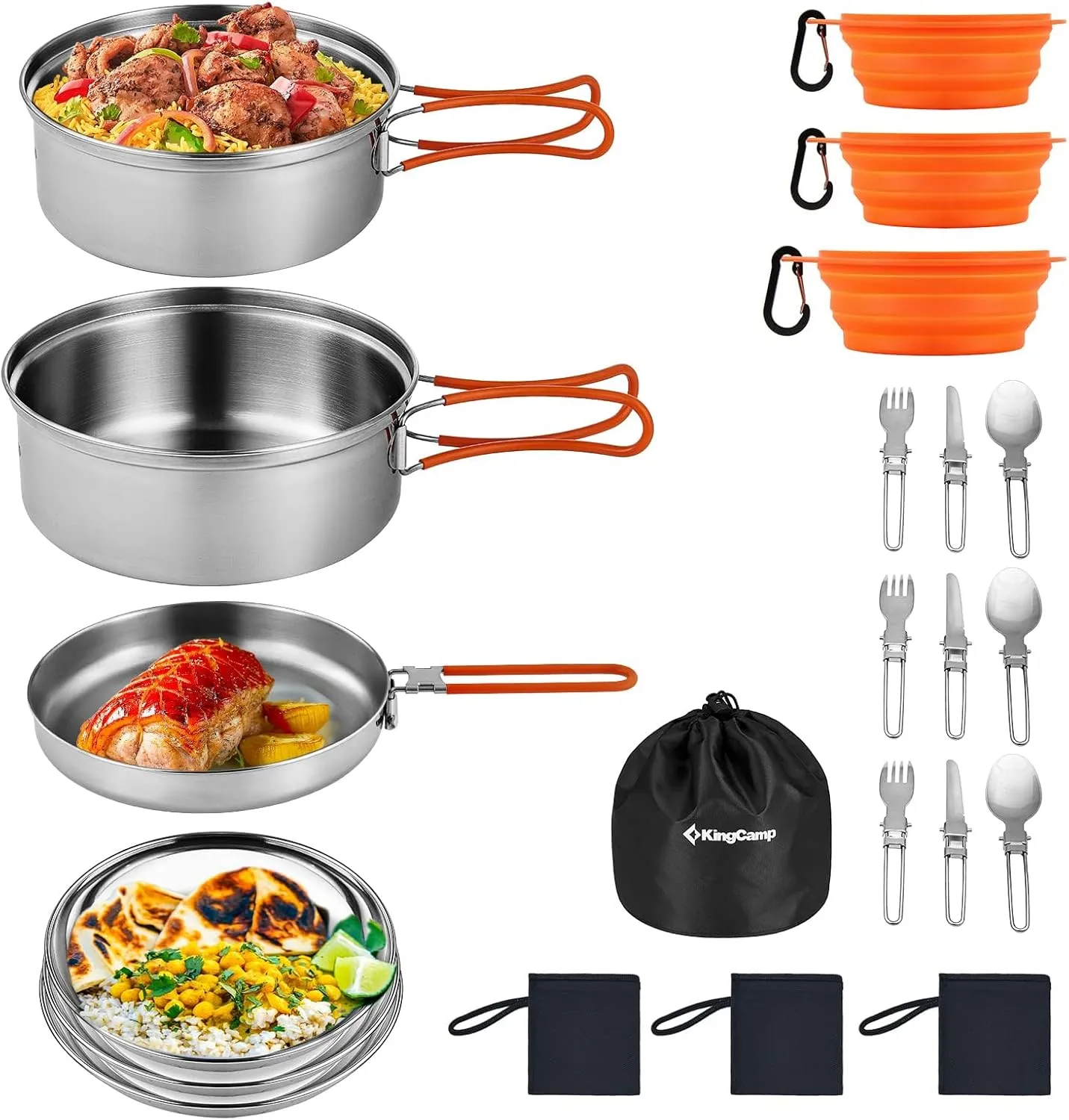 KingCamp 17/25pcs Stainless Steel Camping Cookware Mess Kit Camping Cooking Set Backpacking Gear Lightweight Pots and Pans Set for Camping Hiking Picnic