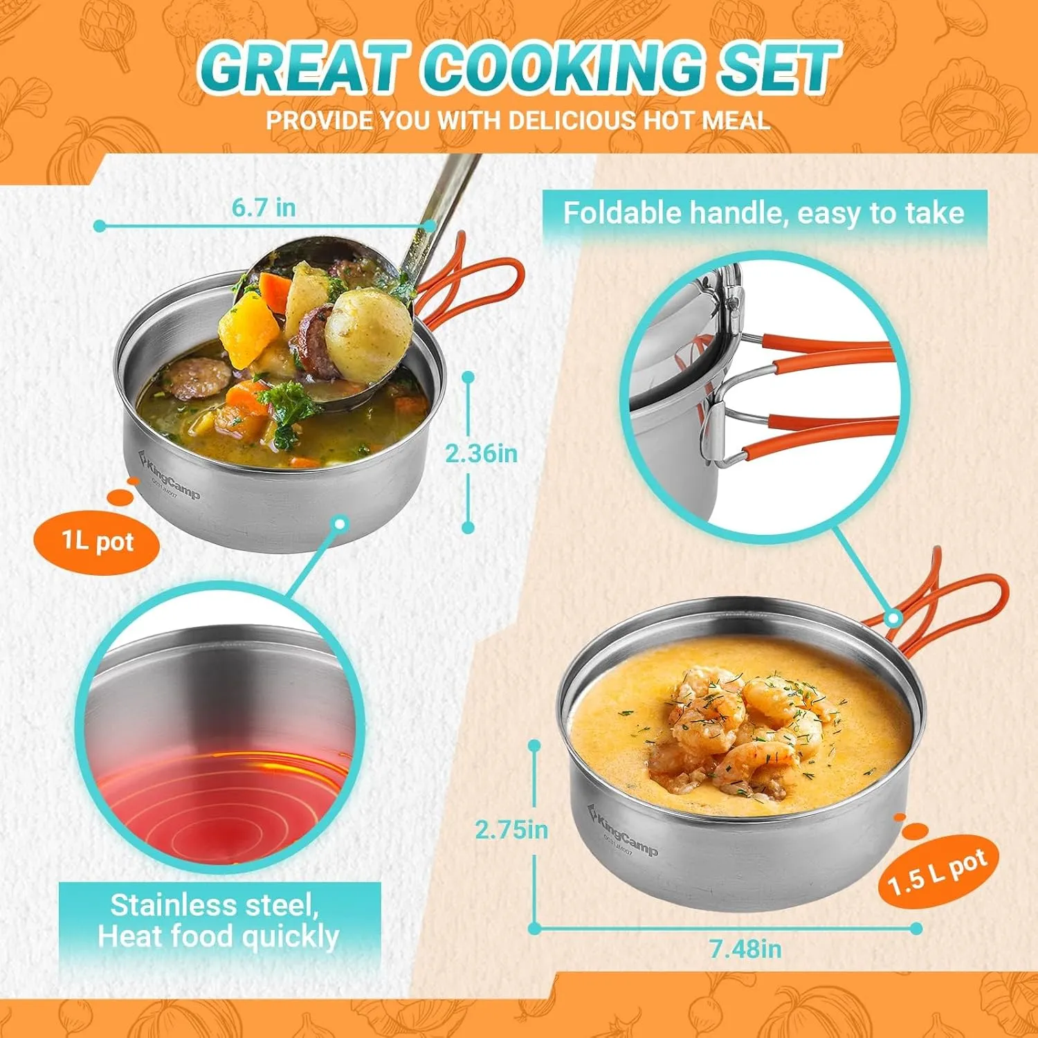 KingCamp 17/25pcs Stainless Steel Camping Cookware Mess Kit Camping Cooking Set Backpacking Gear Lightweight Pots and Pans Set for Camping Hiking Picnic