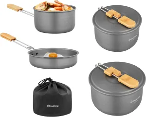 KingCamp 7pcs Camping Cookware Mess Kit Aluminum Folding Camping Pots and Pans Set with Bamboo Handle Lightweight Backpacking Cooking Set Outdoor Cook Gear for Family Hiking Picnic