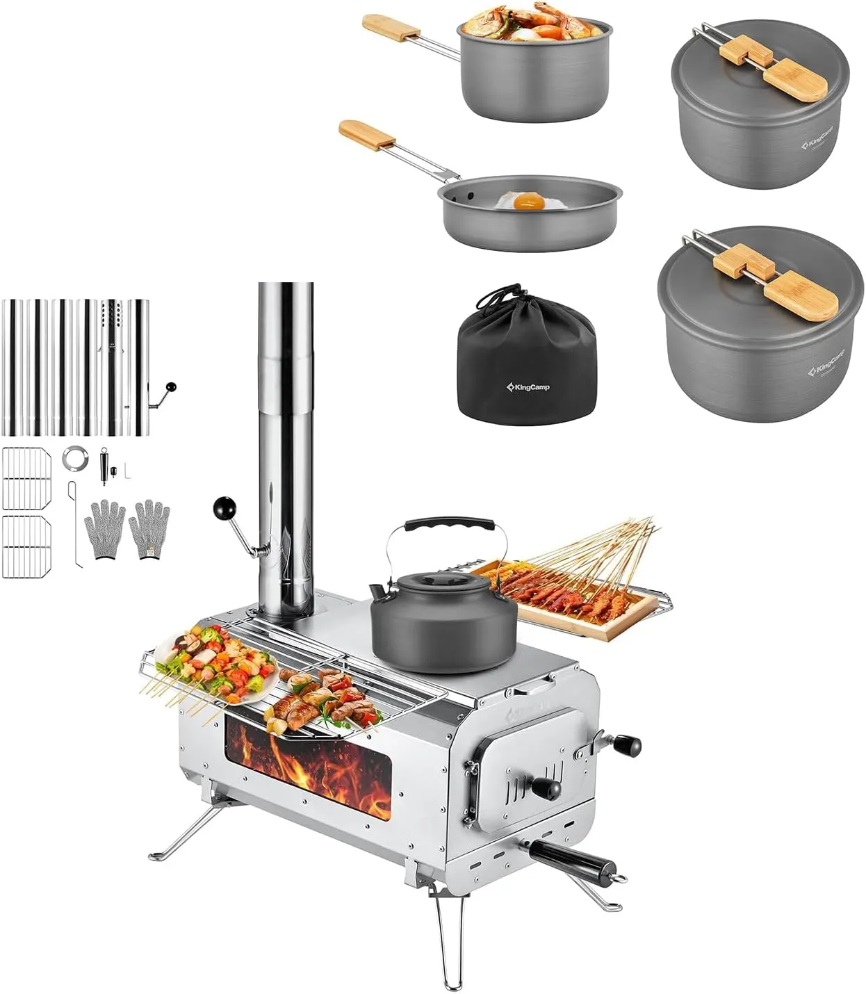 KingCamp Hot Tent Stove, Foldable Camping Stove with Large Firebox, 6.6ft Winter Camping Stove with KingCamp 7pcs Camping Cookware Mess Kit Aluminum Folding Camping Pots and Pans Set