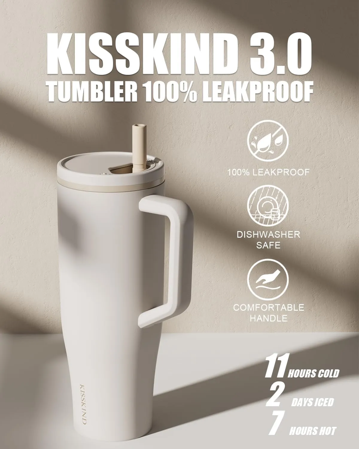 KISSKIND 40 oz Tumbler with Handle and Straw | 100% Leakproof Insulated Tumbler with Lid and Straw | Stainless Steel Water Bottle | Cup Holder Friendly Base | Coffee