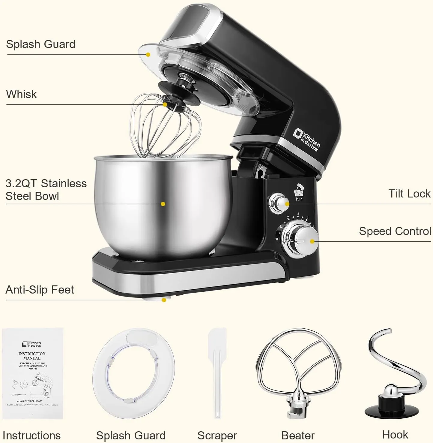 Kitchen in the box Stand Mixer,3.2Qt Small Electric Food Mixer,6 Speeds Portable Lightweight Kitchen Mixer for Daily Use with Egg Whisk,Dough Hook,Flat Beater (Black) (Renewed)