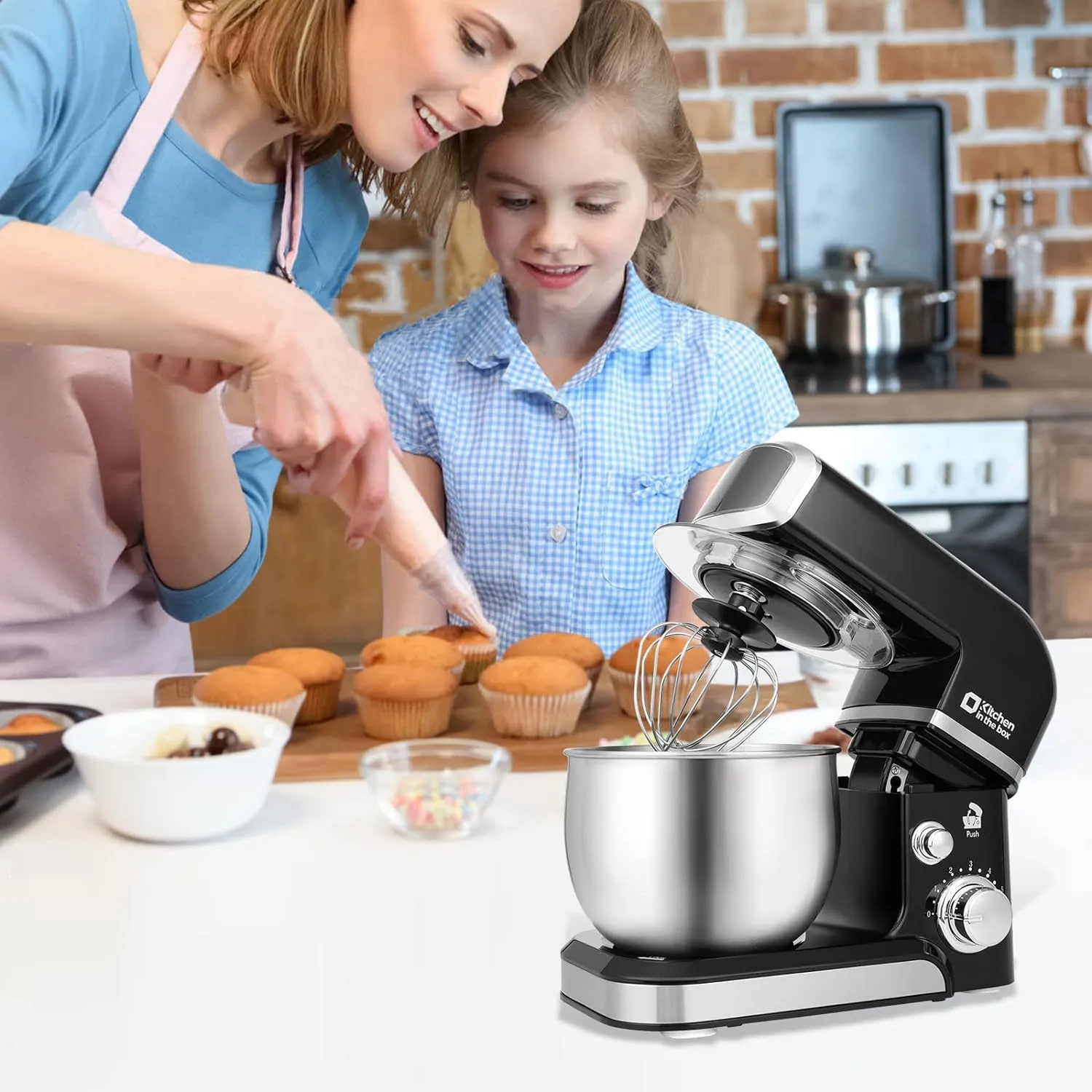 Kitchen in the box Stand Mixer,3.2Qt Small Electric Food Mixer,6 Speeds Portable Lightweight Kitchen Mixer for Daily Use with Egg Whisk,Dough Hook,Flat Beater (Black) (Renewed)