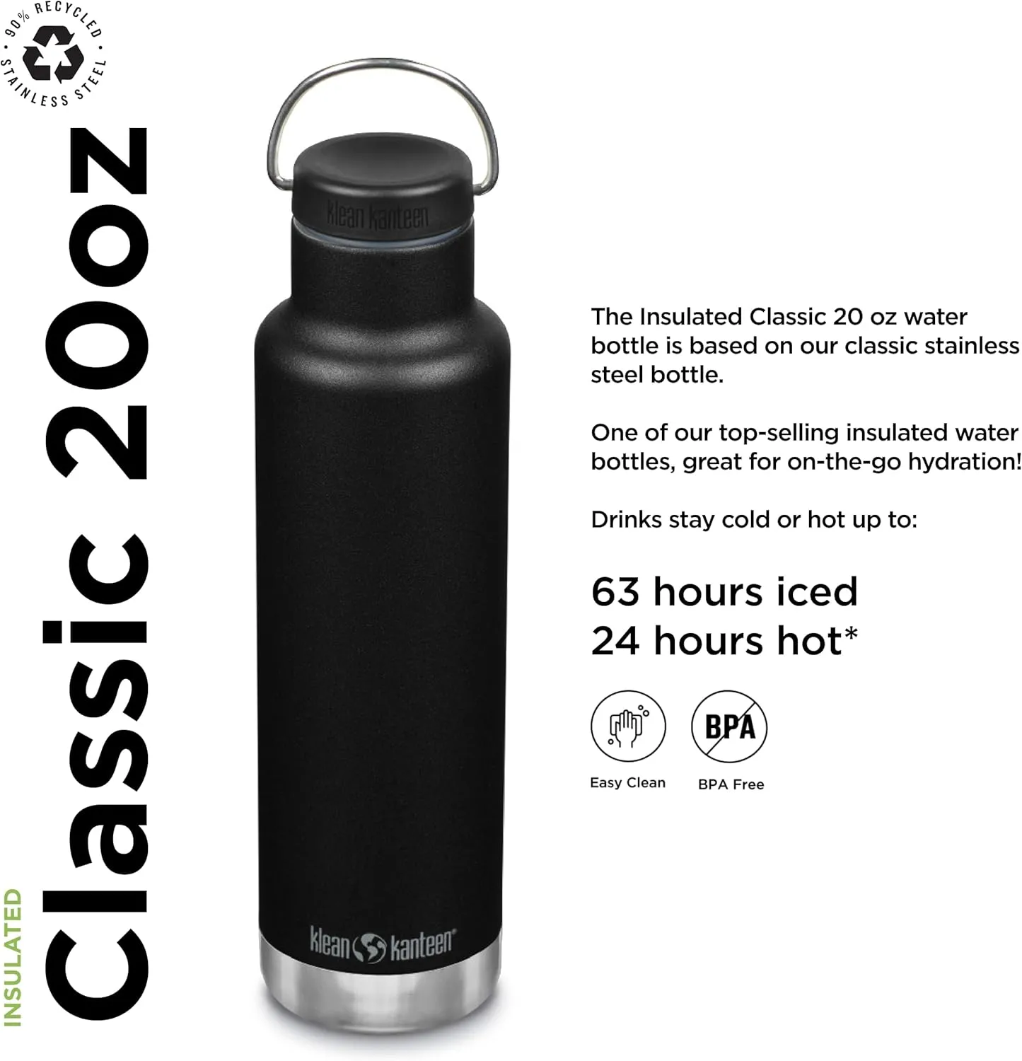 Klean Kanteen Classic Insulated Water Bottle with Loop Cap - Stainless Steel Drinking Bottle for Hot & Cold Beverages - Dishwasher-Safe Travel Bottle - Black, 20 oz