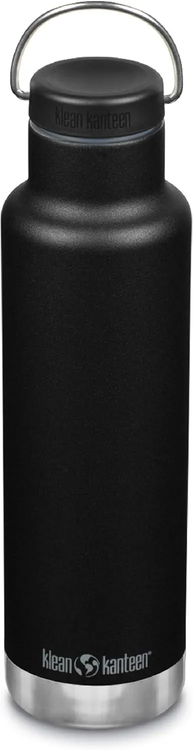 Klean Kanteen Classic Insulated Water Bottle with Loop Cap - Stainless Steel Drinking Bottle for Hot & Cold Beverages - Dishwasher-Safe Travel Bottle - Black, 20 oz