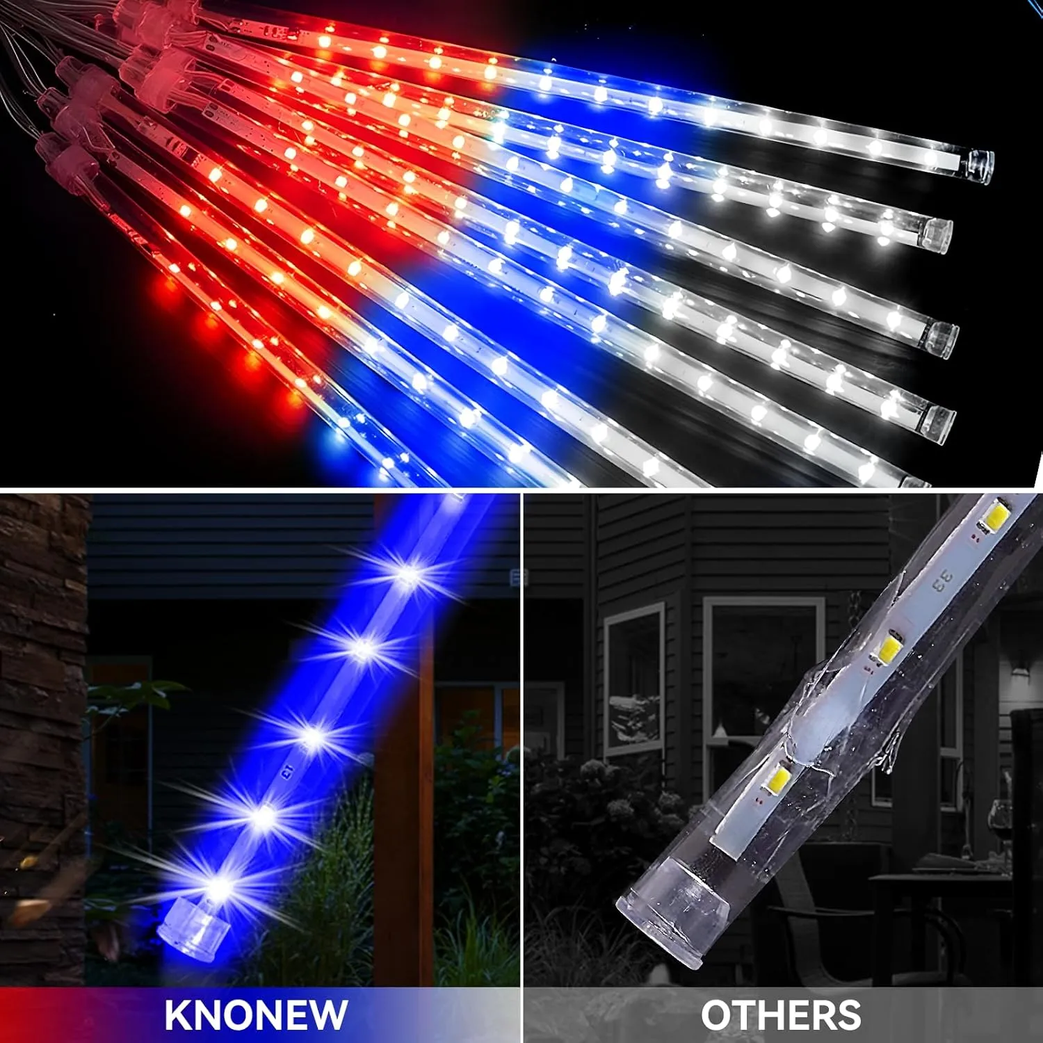 KNONEW 40 Tube 1120 LED Red White and Blue Lights 4th of July Decorations, Plug in Meteor Shower Lights Waterproof Outdoor Light for Independence Day House Tree Party Decor
