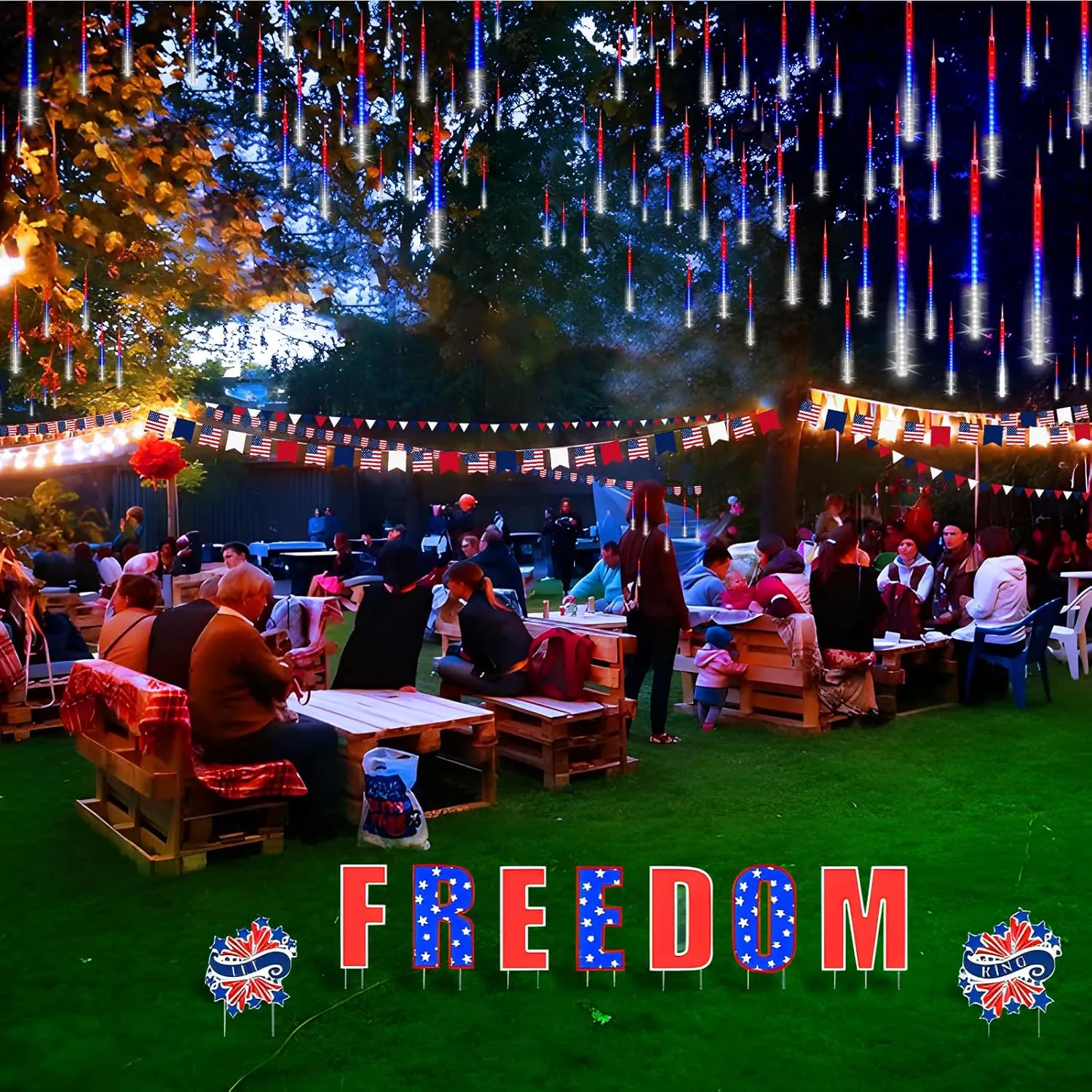 KNONEW 40 Tube 1120 LED Red White and Blue Lights 4th of July Decorations, Plug in Meteor Shower Lights Waterproof Outdoor Light for Independence Day House Tree Party Decor