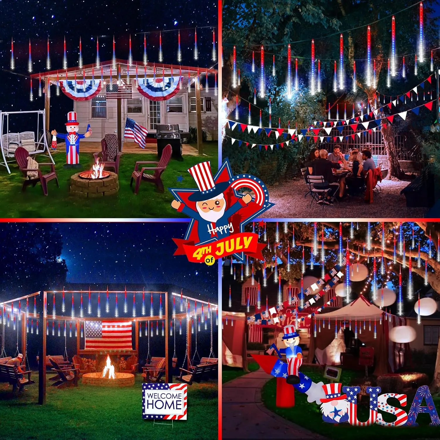 KNONEW 40 Tube 1120 LED Red White and Blue Lights 4th of July Decorations, Plug in Meteor Shower Lights Waterproof Outdoor Light for Independence Day House Tree Party Decor