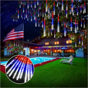 KNONEW 40 Tube 1120 LED Red White and Blue Lights 4th of July Decorations, Plug in Meteor Shower Lights Waterproof Outdoor Light for Independence Day House Tree Party Decor