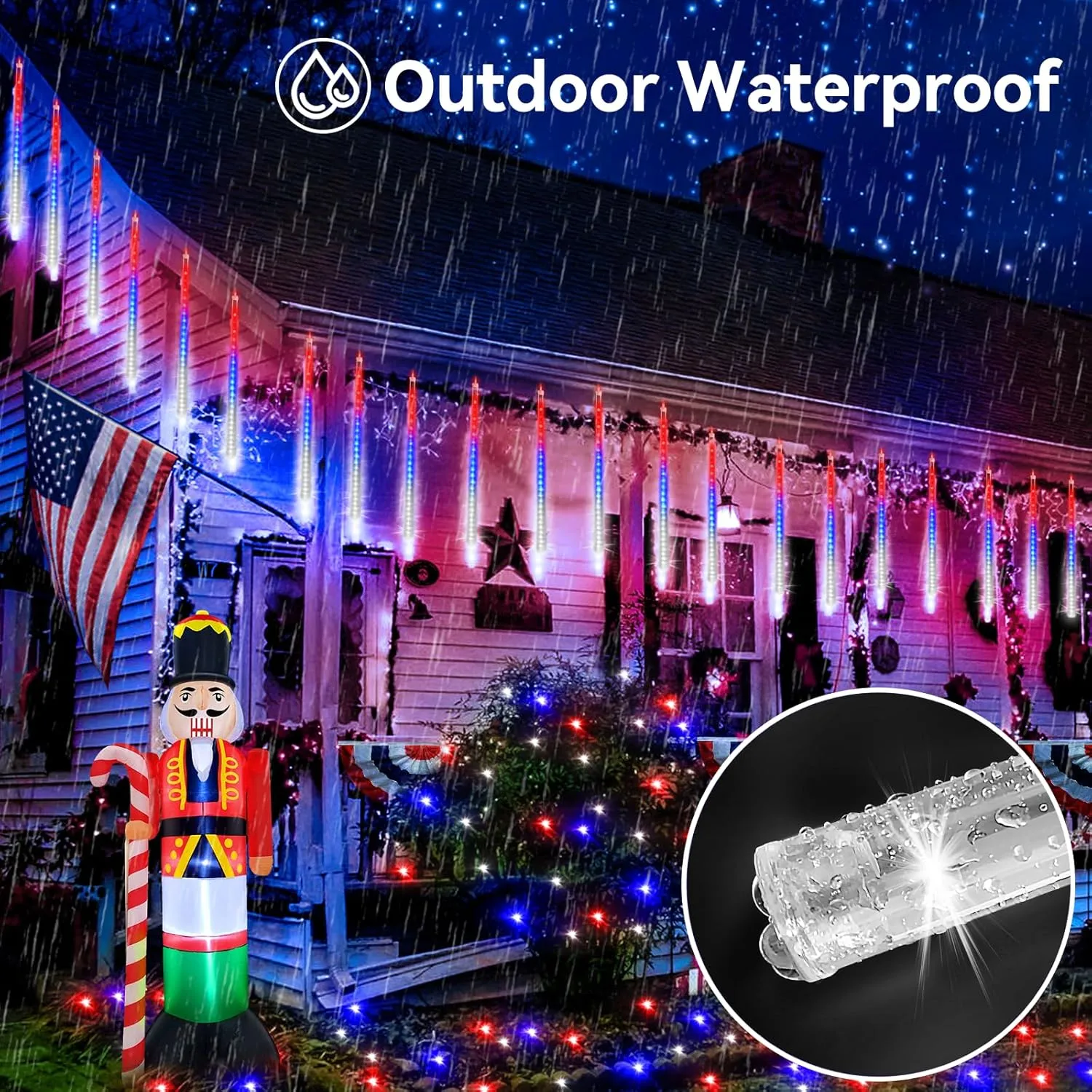 KNONEW 40 Tube 1120 LED Red White and Blue Lights 4th of July Decorations, Plug in Meteor Shower Lights Waterproof Outdoor Light for Independence Day House Tree Party Decor