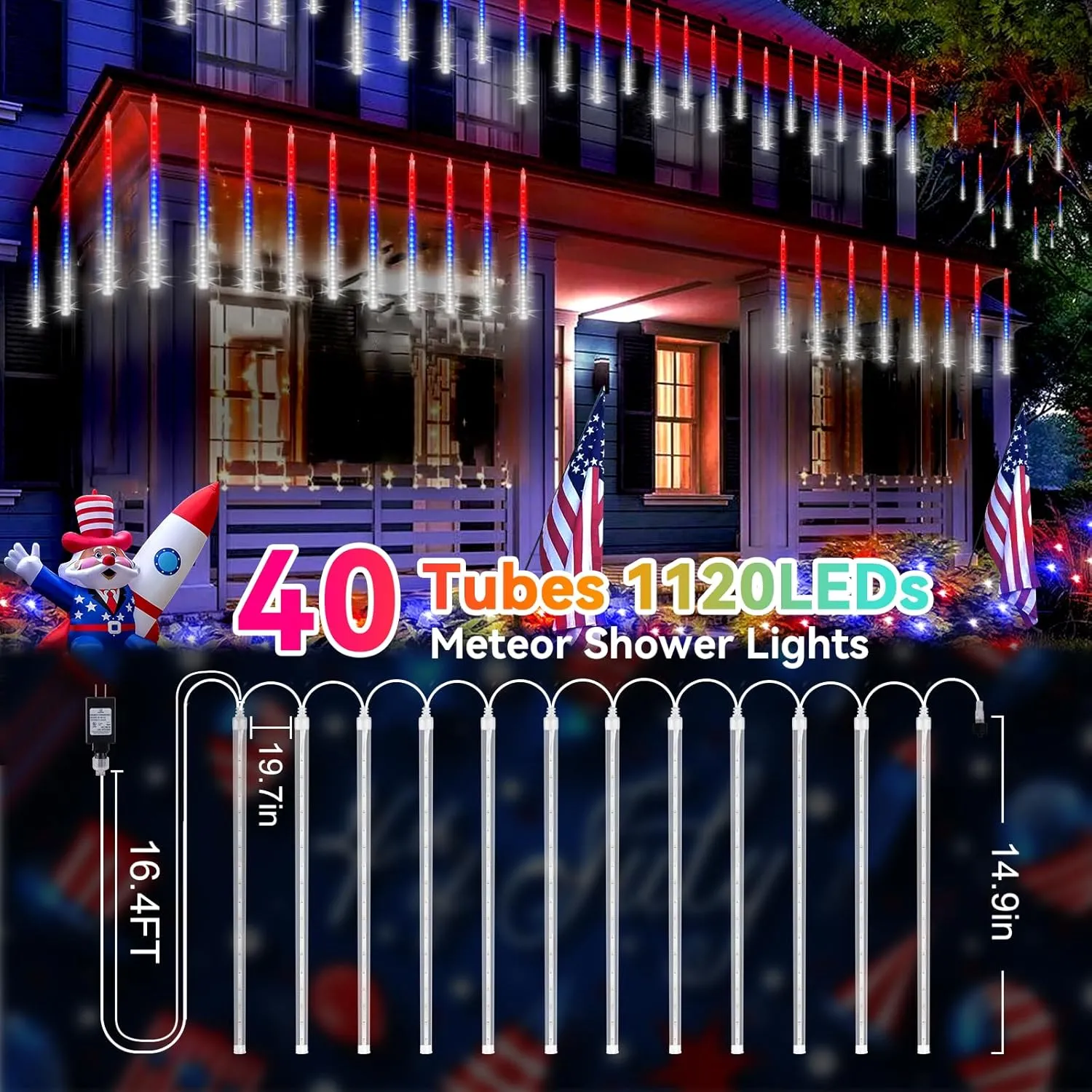 KNONEW 40 Tube 1120 LED Red White and Blue Lights 4th of July Decorations, Plug in Meteor Shower Lights Waterproof Outdoor Light for Independence Day House Tree Party Decor