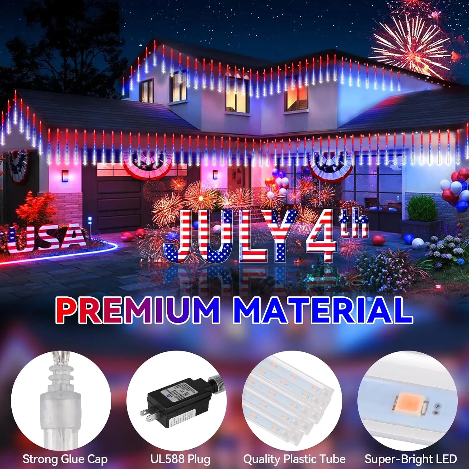 KNONEW 40 Tube 1120 LED Red White and Blue Lights 4th of July Decorations, Plug in Meteor Shower Lights Waterproof Outdoor Light for Independence Day House Tree Party Decor