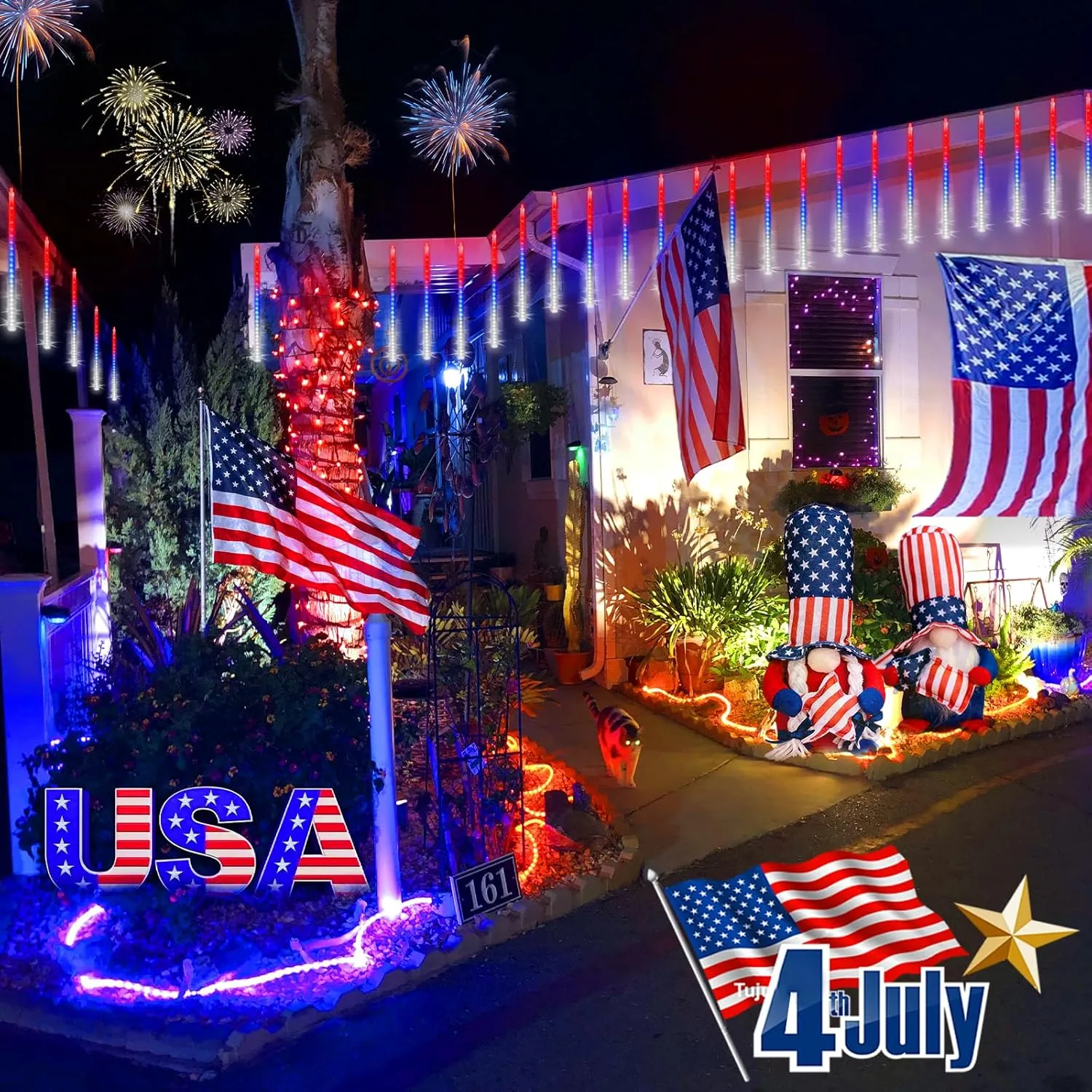 KNONEW 40 Tube 1120 LED Red White and Blue Lights 4th of July Decorations, Plug in Meteor Shower Lights Waterproof Outdoor Light for Independence Day House Tree Party Decor