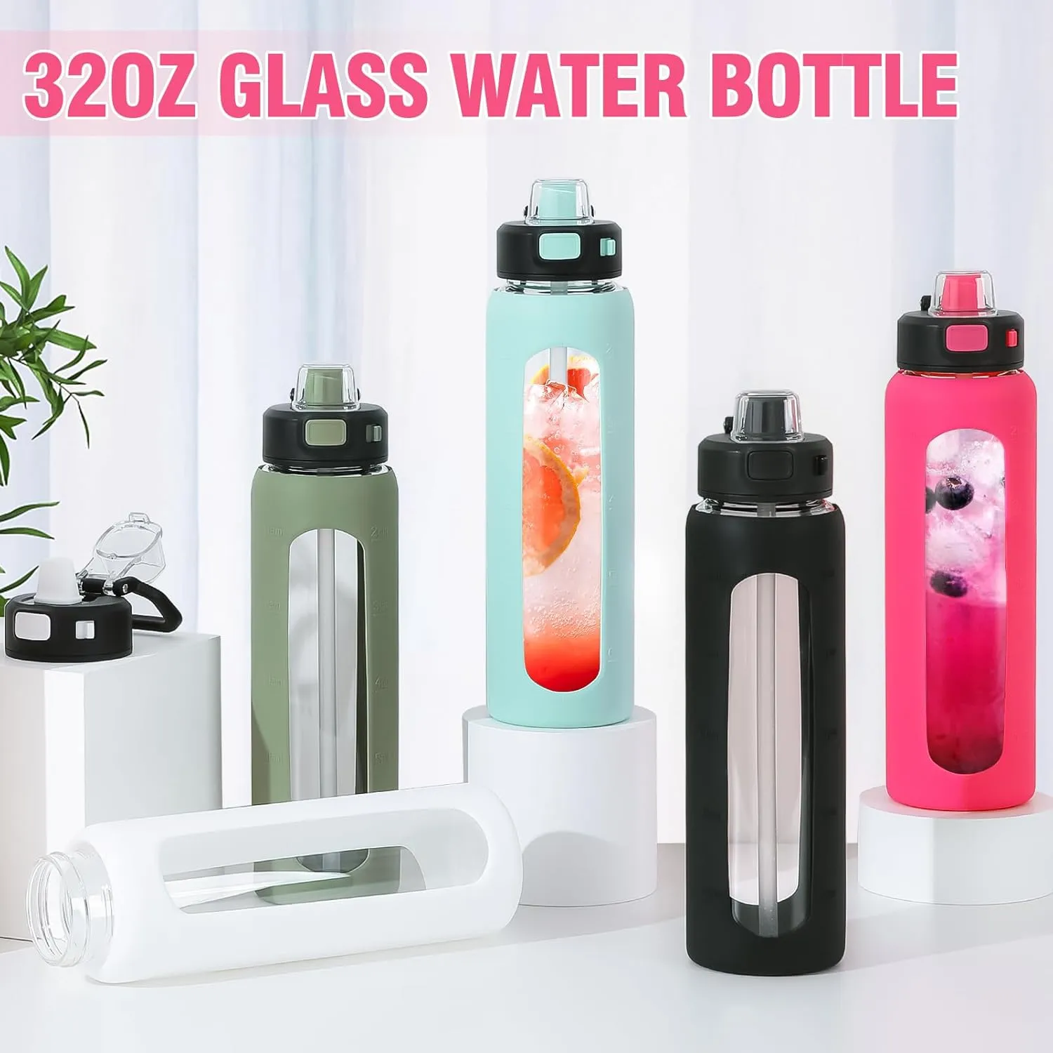Kodrine 32 oz Glass Water Bottle with Straw and Carry Loop, One-Touch Leakproof Locking Lid, Reusable Drinking Bottle with Time Marker for Travel Home Gym Sports (Rose Red)