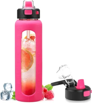 Kodrine 32 oz Glass Water Bottle with Straw and Carry Loop, One-Touch Leakproof Locking Lid, Reusable Drinking Bottle with Time Marker for Travel Home Gym Sports (Rose Red)