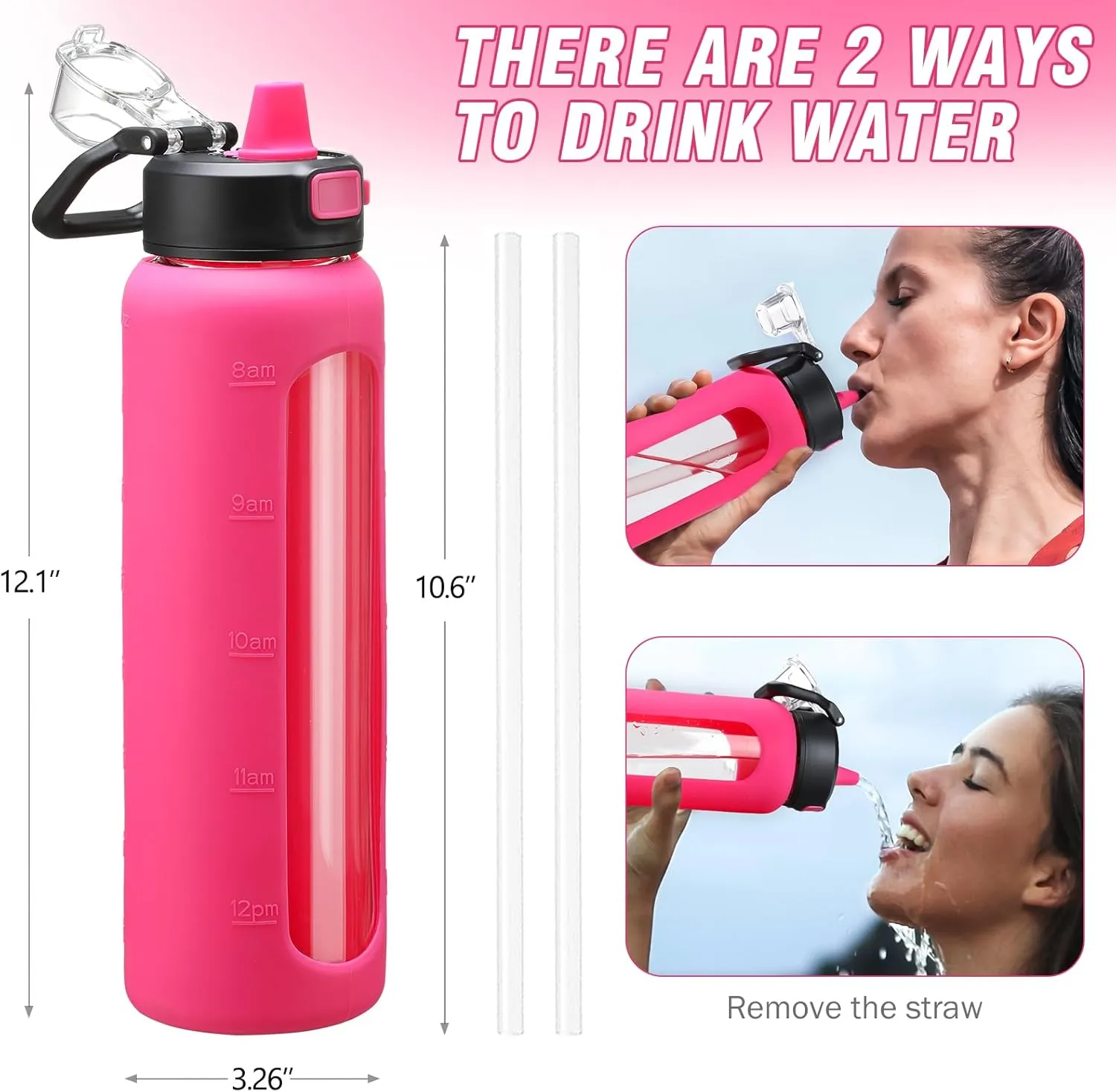 Kodrine 32 oz Glass Water Bottle with Straw and Carry Loop, One-Touch Leakproof Locking Lid, Reusable Drinking Bottle with Time Marker for Travel Home Gym Sports (Rose Red)