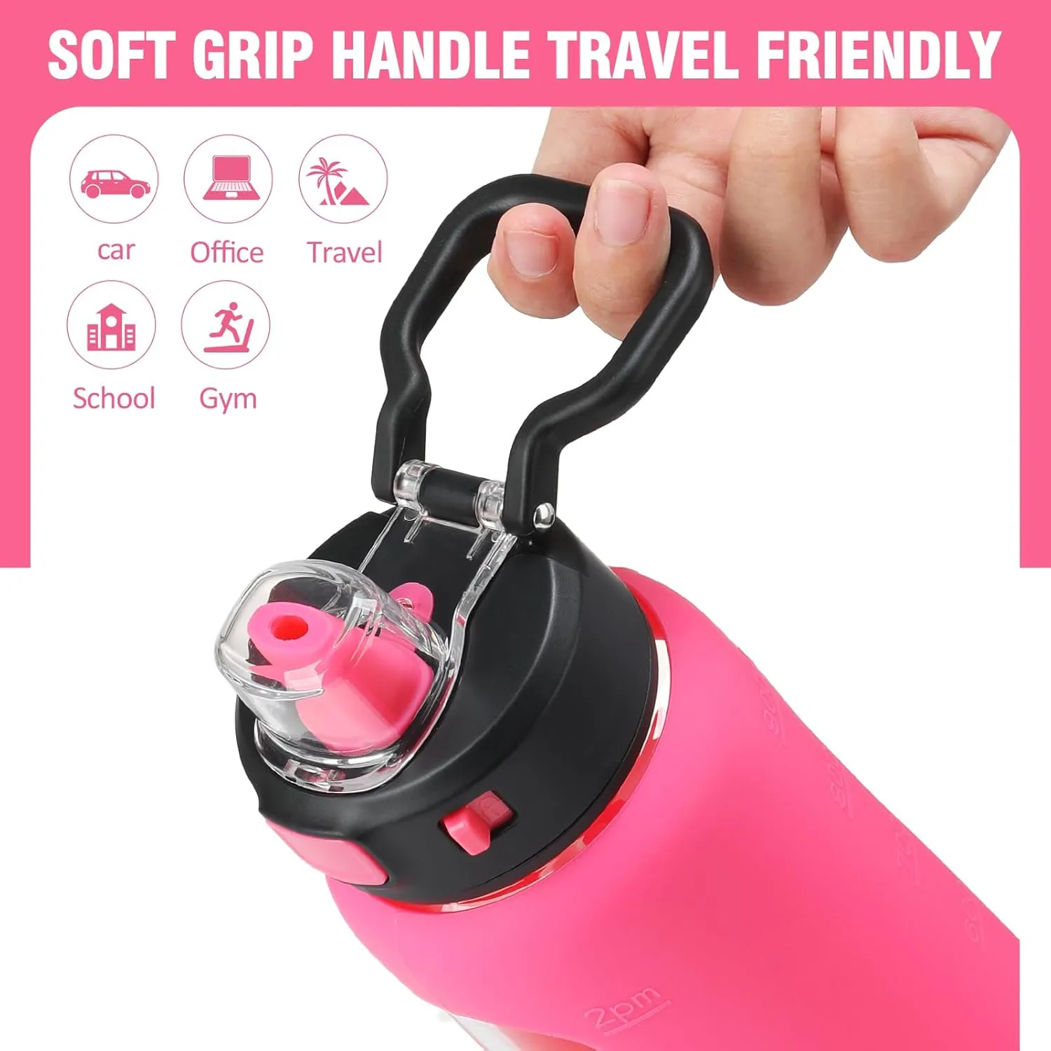 Kodrine 32 oz Glass Water Bottle with Straw and Carry Loop, One-Touch Leakproof Locking Lid, Reusable Drinking Bottle with Time Marker for Travel Home Gym Sports (Rose Red)