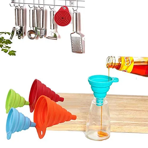 KongNai Silicone Collapsible Funnel Set of 4, Small and Large, Kitchen Gadgets Accessories Foldable Funnel for Water Bottle Liquid Transfer Food Grade (L, S 4 Pack)