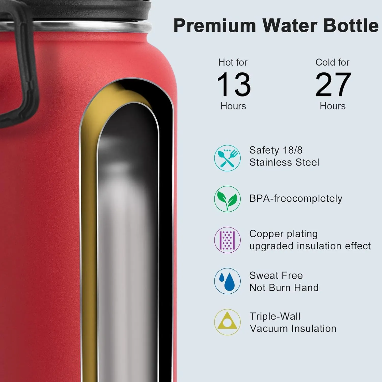 koodee Insulated Water Bottle, 32oz Stainless Steel Double Wall Vacuum Wide Mouth Sport Bottle with Leakproof Spout Lid (Canyon Red)