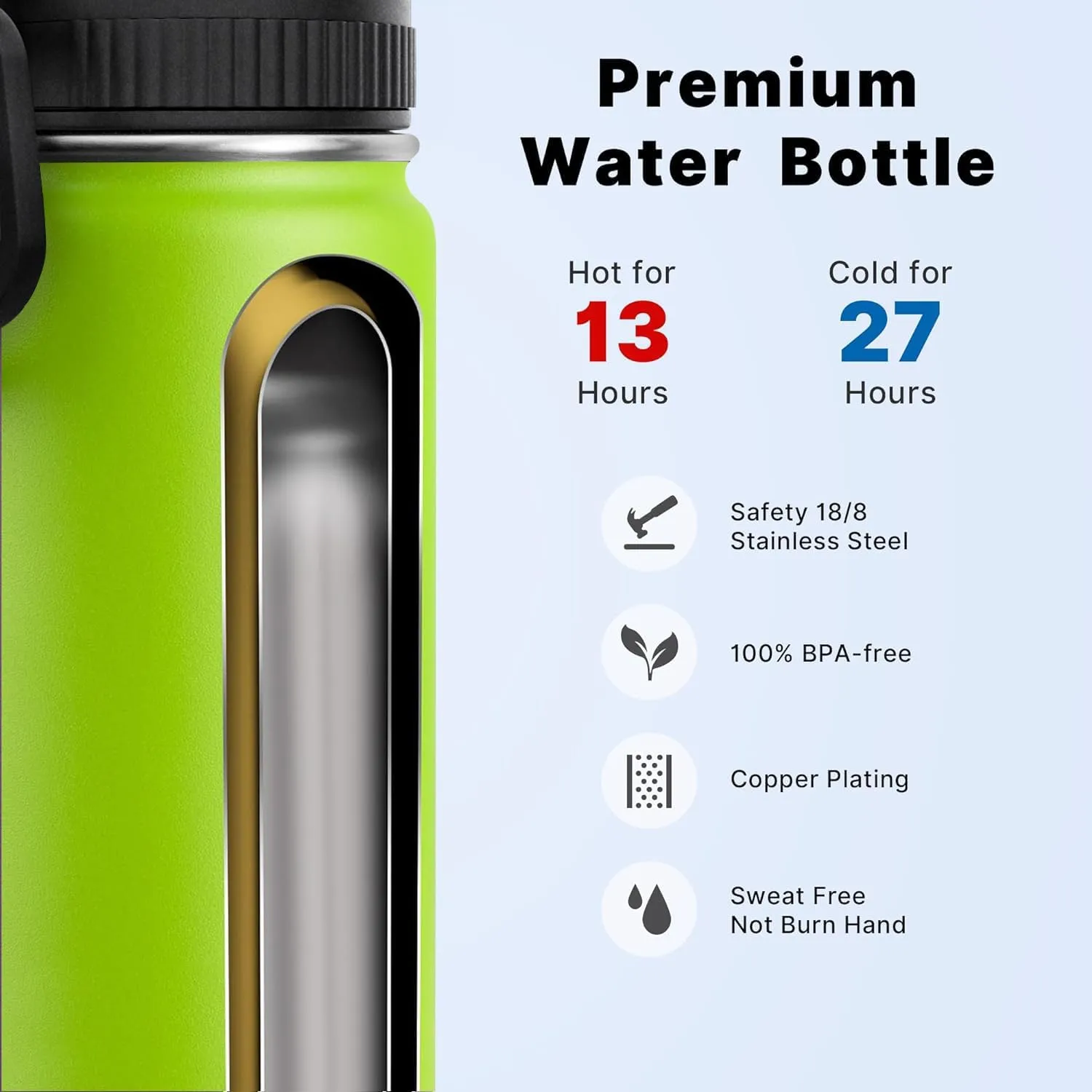 koodee Small Water Bottle with Straw-12 oz Stainless Steel Double Wall Vacuum Insulated Water Bottle for School - Leakproof and BPA Free（Apple Green）