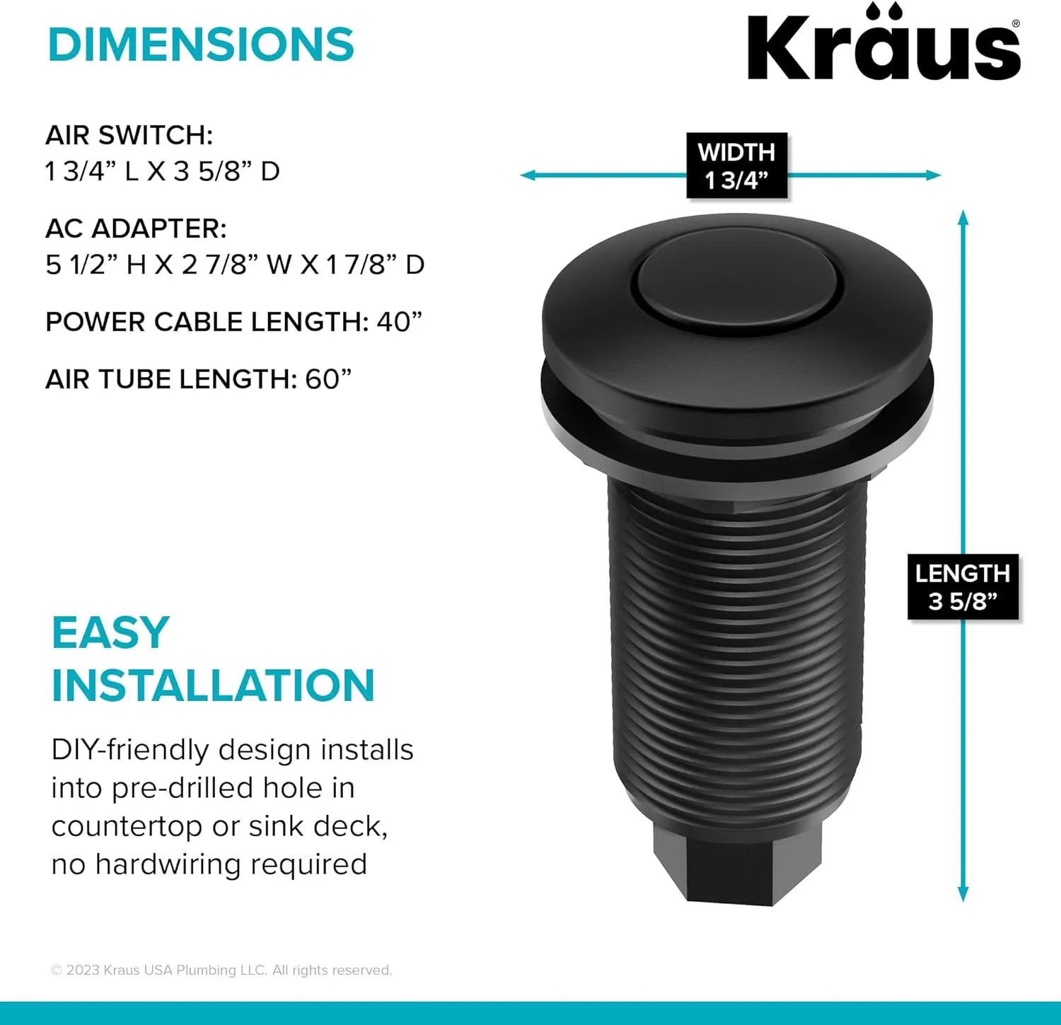 KRAUS Garbage Disposal Air Switch Kit in Spot-Free Stainless Steel with Push Button, AC Adapter, Power Cord, and Air Tube Included, KWDA-100SFS
