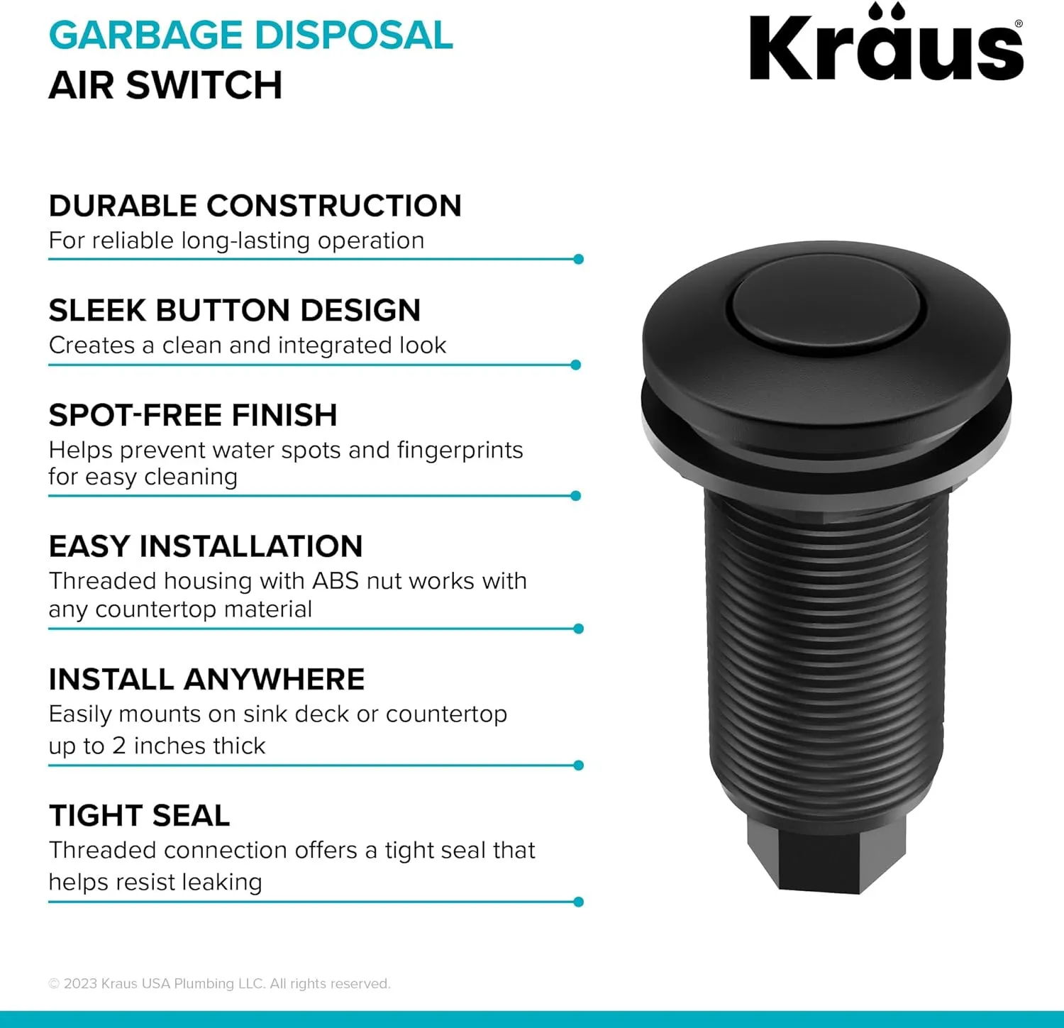 KRAUS Garbage Disposal Air Switch Kit in Spot-Free Stainless Steel with Push Button, AC Adapter, Power Cord, and Air Tube Included, KWDA-100SFS