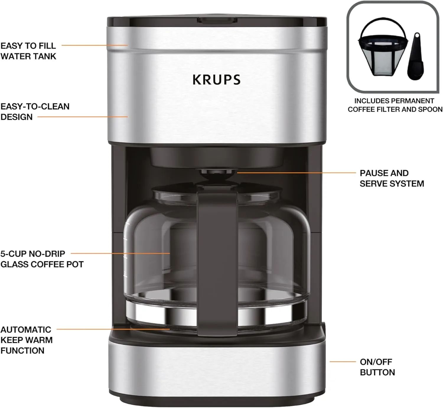KRUPS Simply Brew Compact 5 Cup Coffee Maker: Stainless Steel Design, Pause & Brew, Keep Warm, Reusable Filter, Drip-Free Carafe
