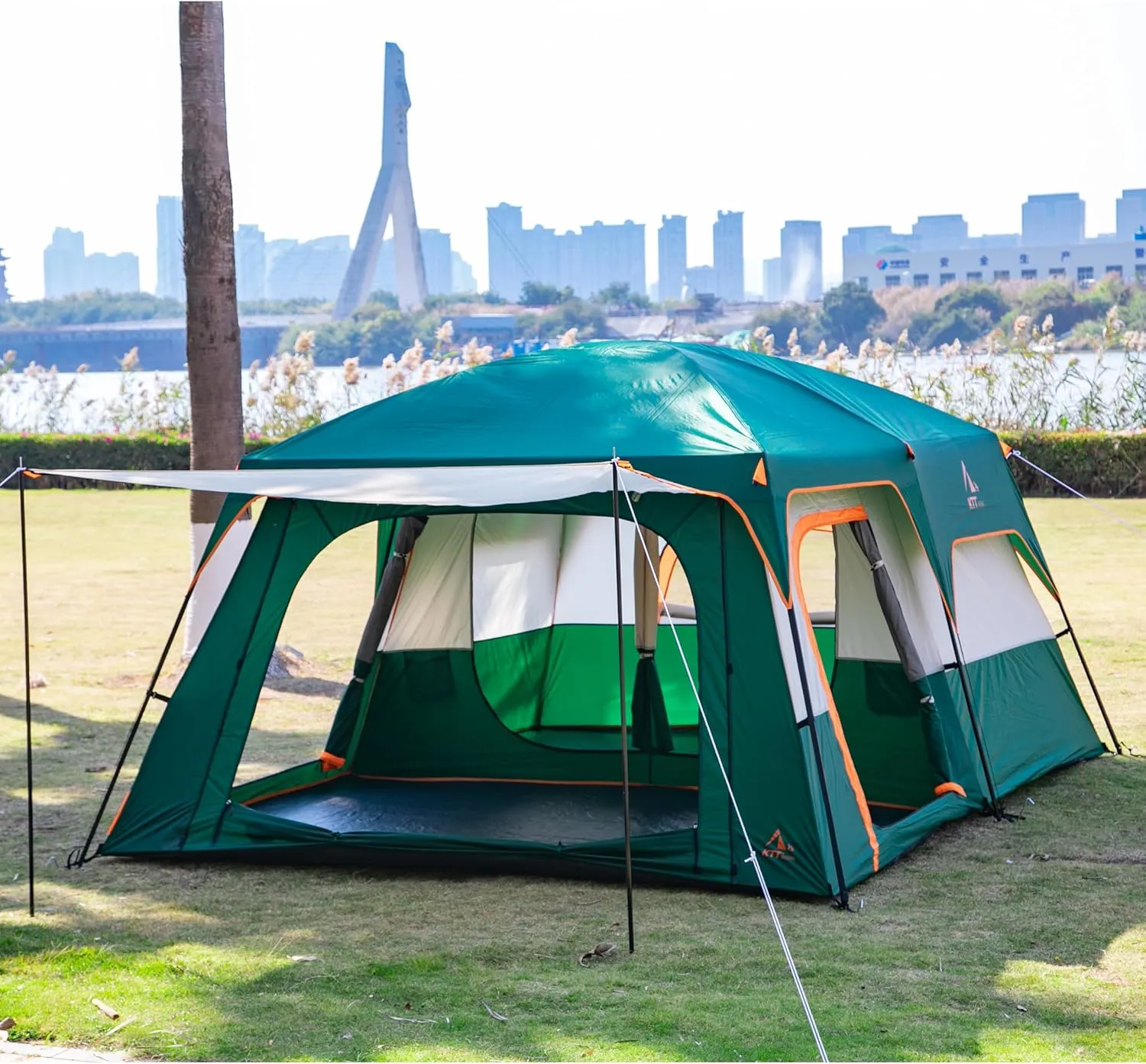 KTT Extra Large Tent 10-12-14 Person(B),Family Cabin Tents,2 Rooms,3 Doors and 3 Windows with Mesh,Straight Wall,Waterproof,Double Layer,Big Tent for Outdoor,Picnic,Camping,Family Gathering