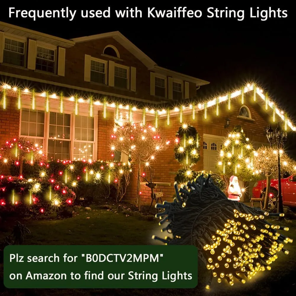 Kwaiffeo Outdoor Meteor Shower Lights - 12 inch 8 Tube 192 LED Icicle Christmas Lights for Tree, Thanksgiving, New Year, Wedding Decorations, Warm White