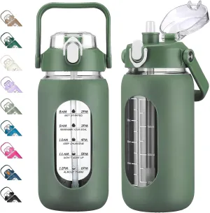 kytffu 42oz Glass Water Bottles with Straw, Motivational Glass Bottle with Silicone Sleeve and Time Marker, Leakproof Large Glass Water Jug for Gym Home Office,Olive
