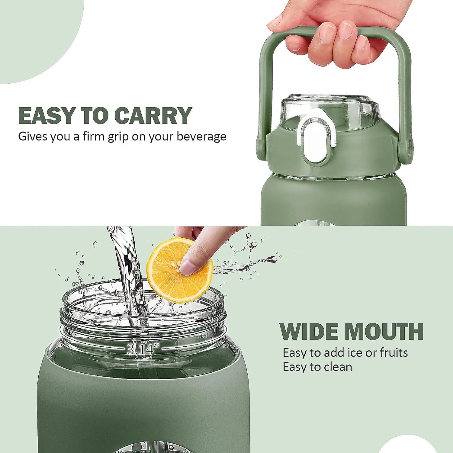 kytffu 42oz Glass Water Bottles with Straw, Motivational Glass Bottle with Silicone Sleeve and Time Marker, Leakproof Large Glass Water Jug for Gym Home Office,Olive