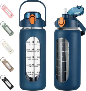 kytffu 56oz Glass Water Bottles with Straw, Motivational Glass Bottle with Silicone Sleeve and Time Marker, Leakproof Large Glass Water Jug for Gym Home Office,Blue