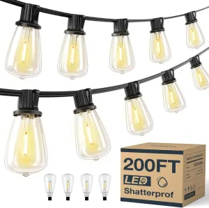 KYY 200FT Outdoor String Lights Waterproof LED Patio Lights with Shatterproof 64(4 Spares) Edison ST38 Bulb Durable Dimmable Hanging for Outside Garden Porch Deck Bistro Backyard Events