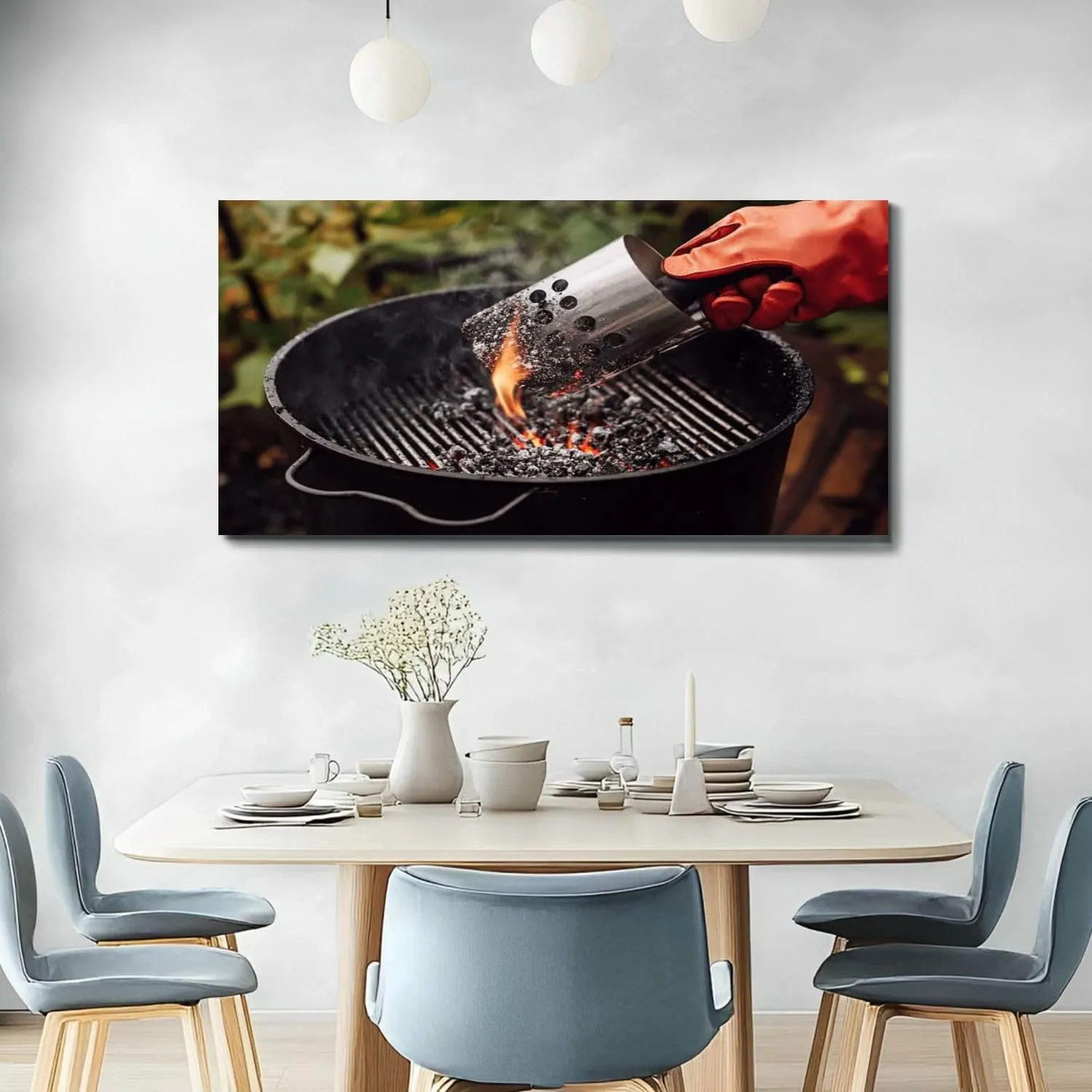 Large Wall Art Prints 20"x40" Close up man gloves chimney starter barbecue grill open air Framed Canvas Wall Art Painting Artwork Poster Picture Wall Decor for Living Room Bedroom Hanging
