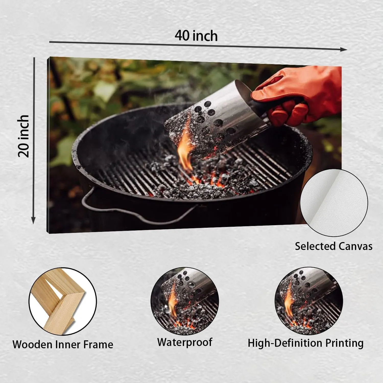 Large Wall Art Prints 20"x40" Close up man gloves chimney starter barbecue grill open air Framed Canvas Wall Art Painting Artwork Poster Picture Wall Decor for Living Room Bedroom Hanging
